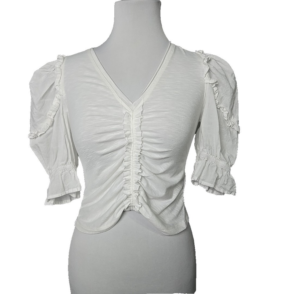 Sophie The Label White Crop BabyDoll Contrast Puff Sleeve Top Size Small S
